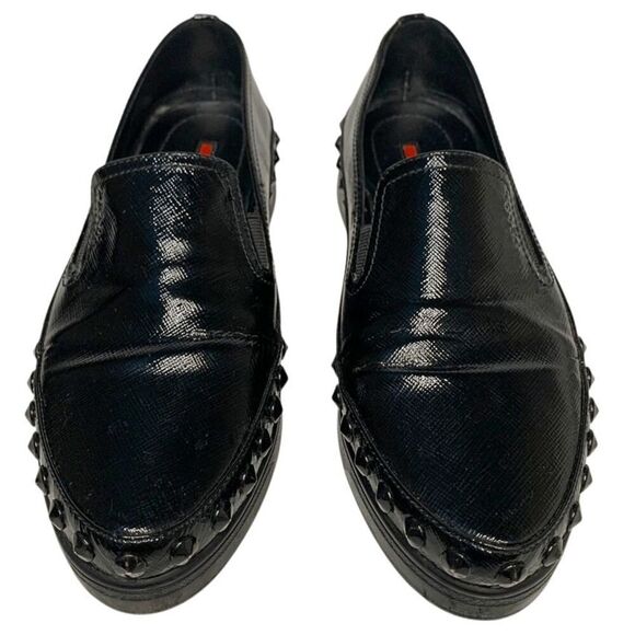 Prada Sport Black Saffiano Leather Spiked Studded Slip On Shoes EU 36.5 Loafer - Picture 2 of 11